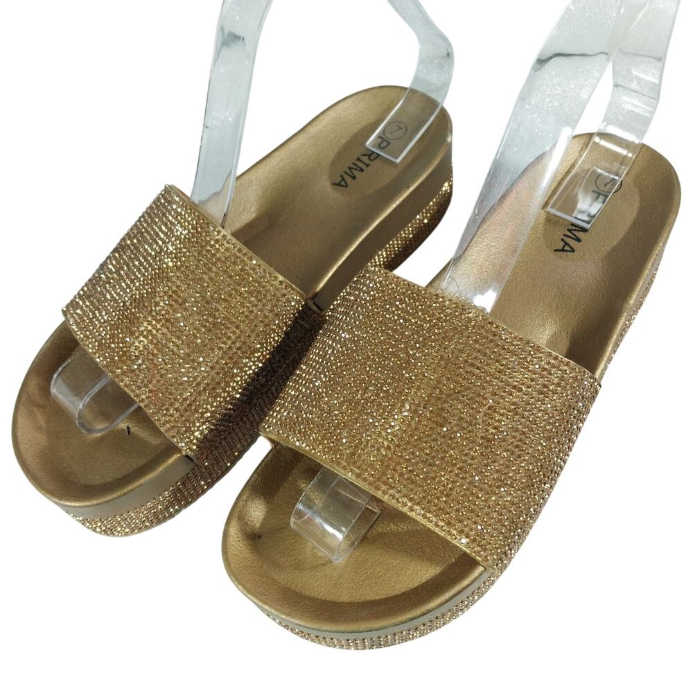 PRIMA! GOLD FACETED JEWEL/RHINESTONE TRIMMED SINGLE STRAP SANDALS, HEELS! SZ 7M